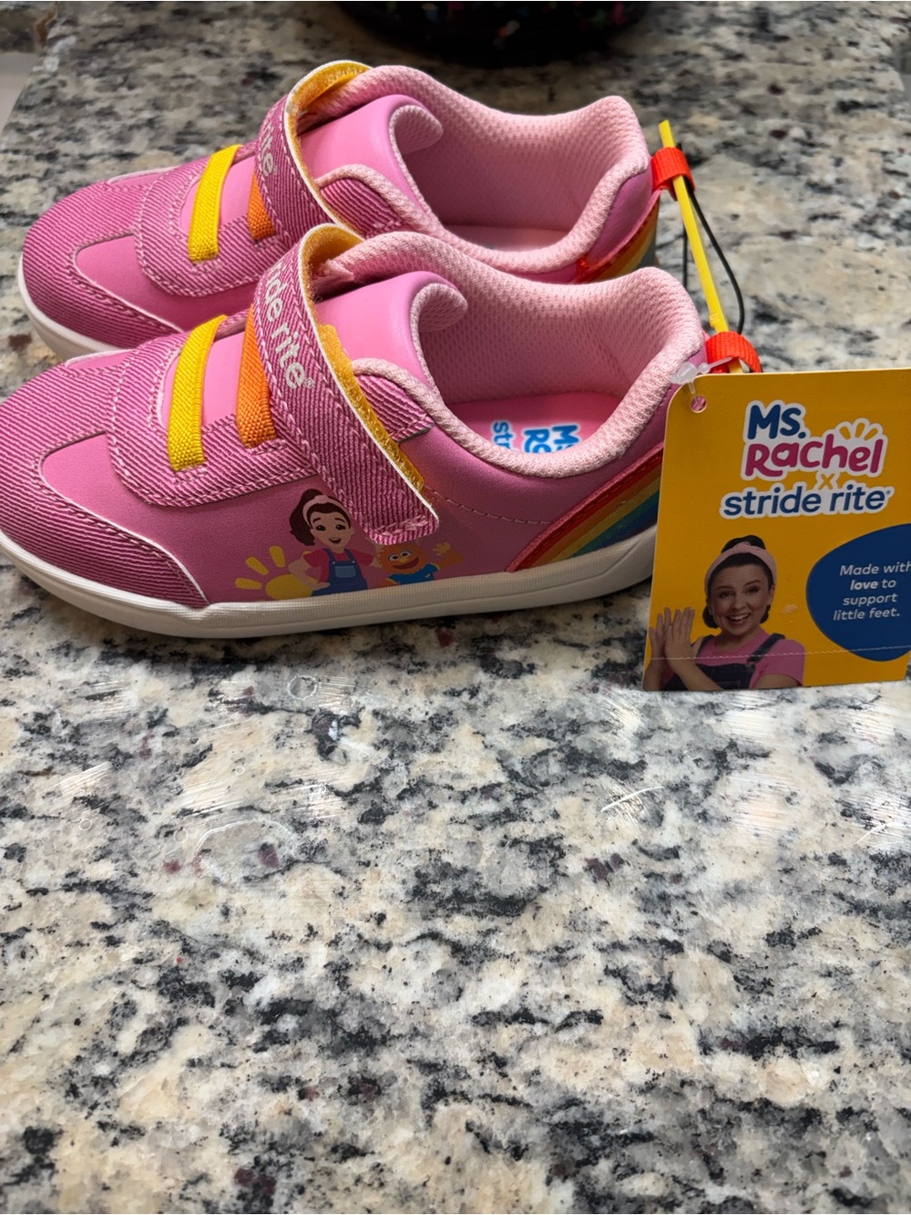 Stride Rite Kids Pink Sneakers with Yellow Laces and Rainbow Accent